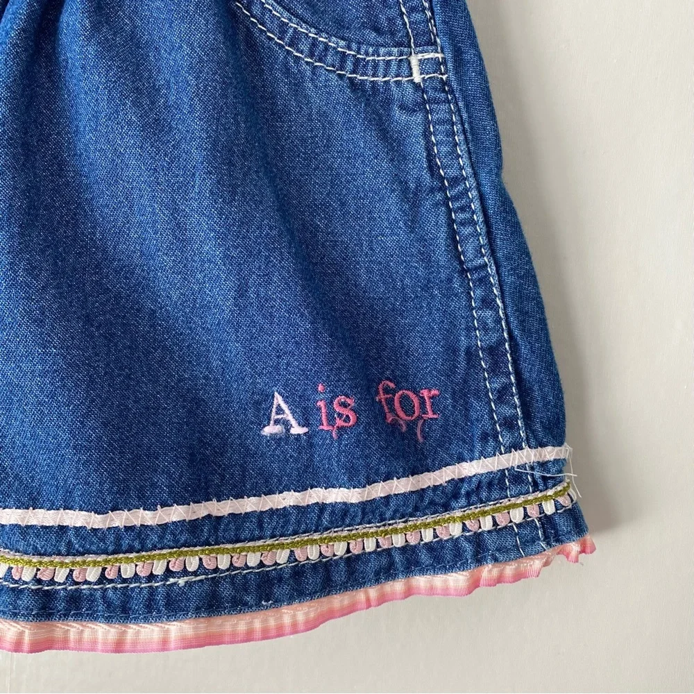 Vintage Y2K GAP Embroidered Tea Party Cotton Denim Overall Dress 0-3M